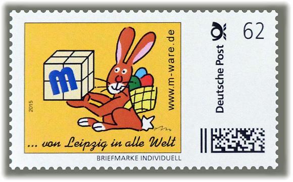 Motiv Osterhase braun auf gelb 2015, 62 Cent, Cartoon-Briefmarken-Serie "... von Leipzig in alle Welt"