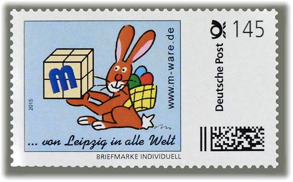 Motiv Osterhase braun auf hellblau 2015, 145 Cent, Cartoon-Briefmarken-Serie "... von Leipzig in alle Welt"