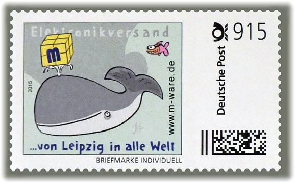 Motiv Wal türkis 2015, 915 Cent, Cartoon-Briefmarken-Serie "... von Leipzig in alle Welt"