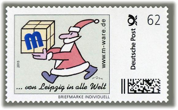 Motiv Weihnachtsmann rot auf hellgrün 2015, 62 Cent, Cartoon-Briefmarken-Serie "... von Leipzig in alle Welt"