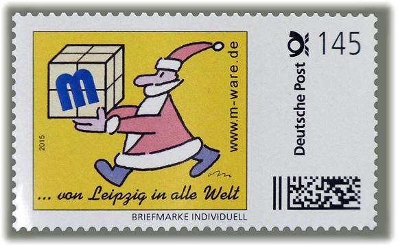 Motiv Weihnachtsmann rot auf gelb 2015, 145 Cent, Cartoon-Briefmarken-Serie "... von Leipzig in alle Welt"
