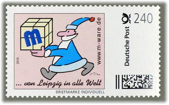 Motiv Weihnachtsmann blau auf rot 2015, 240 Cent, Cartoon-Briefmarken-Serie "... von Leipzig in alle Welt"
