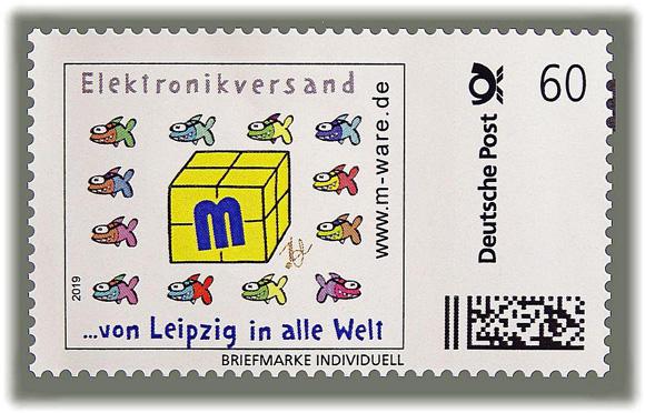 Motiv Fischlein 2019, 60 Cent, Cartoon-Briefmarke, Serie "... von Leipzig in alle Welt"