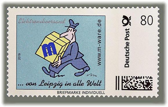Motiv Briefträger blau 2019, 80 Cent, Cartoon-Briefmarke, Serie "... von Leipzig in alle Welt"