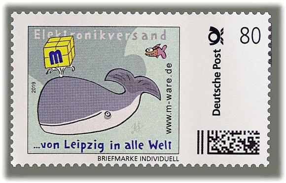 Motiv Wal türkis 2019, 80 Cent, Cartoon-Briefmarke, Serie "... von Leipzig in alle Welt"