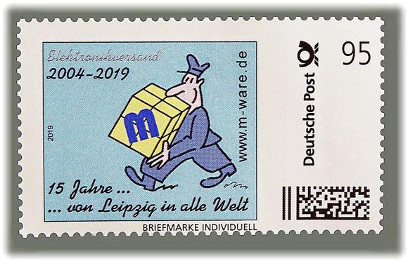 Motiv Briefträger blau 15 Jahre M-ware® Electronics 2019, 95 Cent, Cartoon-Briefmarke, Serie "... von Leipzig in alle Welt"