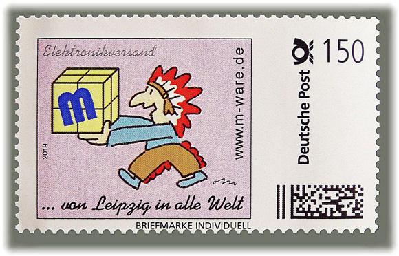 Motiv Indianer 2019, 195 Cent, Cartoon-Briefmarke, Serie "... von Leipzig in alle Welt"