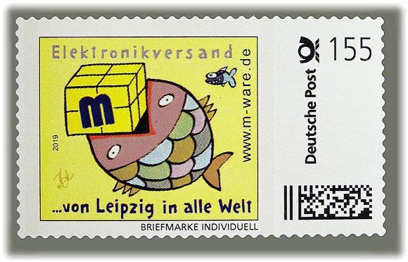 Motiv Runder Fisch 2019, 155 Cent, Cartoon-Briefmarke, Serie "... von Leipzig in alle Welt"