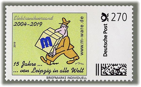 Motiv Briefträger gelb 15 Jahre M-ware® Electronics 2019, 270 Cent, Cartoon-Briefmarke, Serie "... von Leipzig in alle Welt"