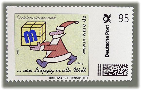 Motiv Weihnachtsmann rot auf hellgrün 2019, 95 Cent, Cartoon-Briefmarke, Serie "... von Leipzig in alle Welt"
