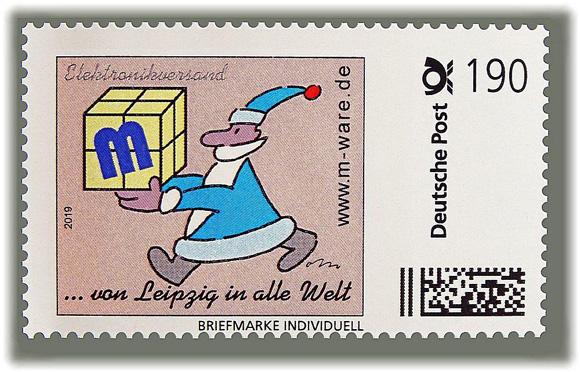 Motiv Weihnachtsmann blau auf hellrot 2019, 190 Cent, Cartoon-Briefmarke, Serie "... von Leipzig in alle Welt"