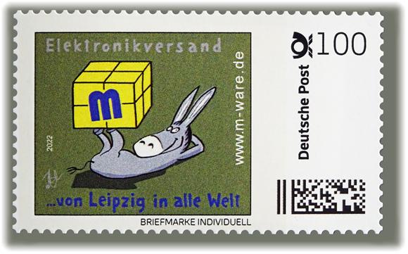 Motiv Esel grau auf resedagrün, 100 Cent, Cartoon-Briefmarke, Serie "... von Leipzig in alle Welt"
