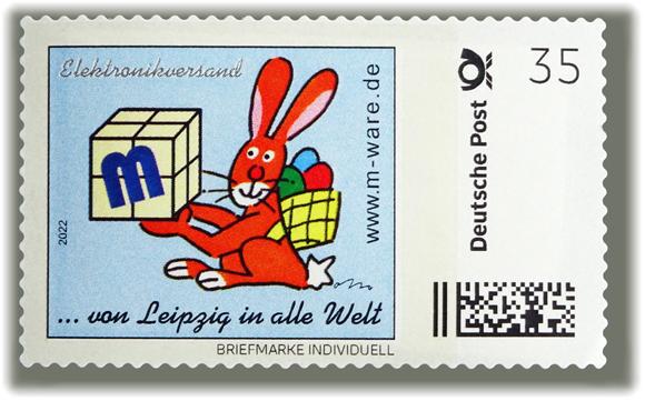 Motive Easter Bunny orange on blue, 35 Cent, cartoon stamp, series "... from Leipzig into the world"
