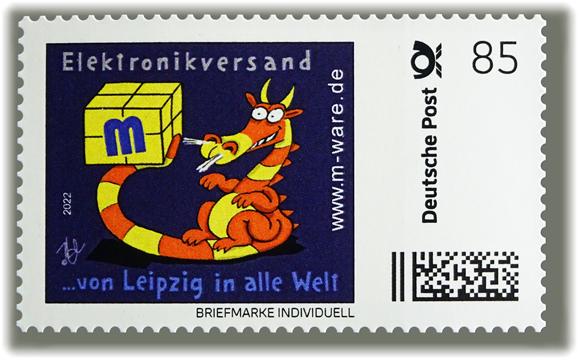 Motiv Drache rotgelb auf blau, 85 Cent, Cartoon-Briefmarke, Serie "... von Leipzig in alle Welt"