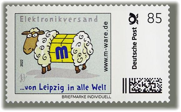 Motiv Weißes Schaf, 85 Cent, Cartoon-Briefmarke, Serie "... von Leipzig in alle Welt"