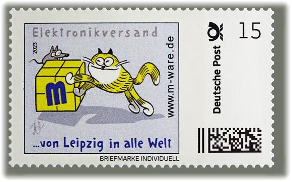 Motiv Katze, 15 Cent, Ergänzungsmarke, Cartoon-Briefmarke, Serie "... von Leipzig in alle Welt"