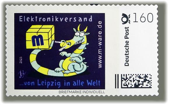 Motiv Drache grüngelb auf blau, 160 Cent, Cartoon-Briefmarke, Serie "... von Leipzig in alle Welt"