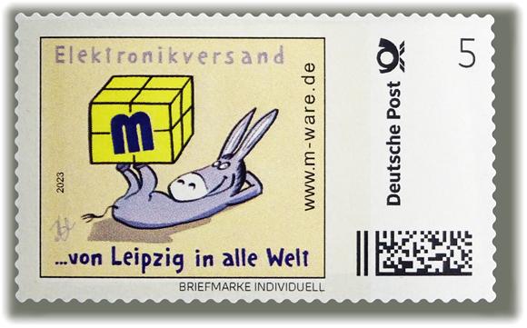 Motiv Esel grau auf beige, 5 Cent, Ergänzungsmarke, Cartoon-Briefmarke, Serie "... von Leipzig in alle Welt"