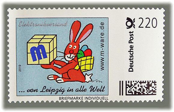 Motiv Osterhase braun auf blau 2020, 220 Cent, Cartoon-Briefmarke, Serie "... von Leipzig in alle Welt"