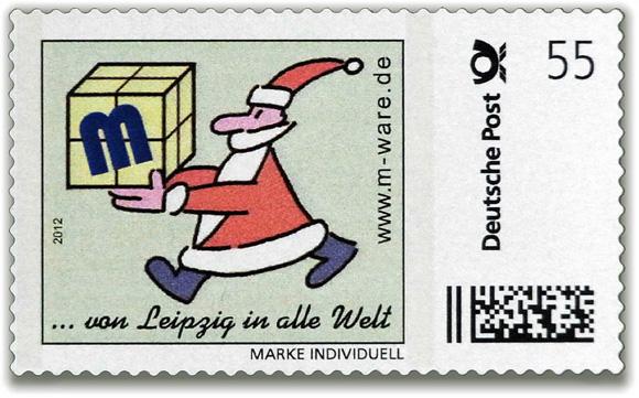 Motiv Weihnachtsmann rot auf hellgrün 2012, 55 Cent, Cartoon-Briefmarken-Serie "... von Leipzig in alle Welt"
