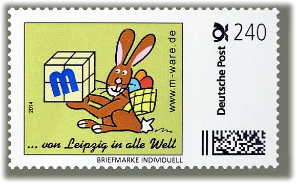 Motiv Osterhase braun auf hellgrün 2014, 240 Cent, Cartoon-Briefmarken-Serie "... von Leipzig in alle Welt"