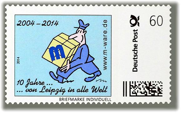 Motiv Briefträger blau 2014, 10 Jahre M-ware® Electronics, 60 Cent, Cartoon-Briefmarken-Serie "... von Leipzig in alle Welt"