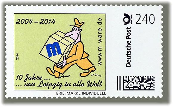 Motiv Briefträger gelb 2014, 10 Jahre M-ware® Electronics, 240 Cent, Cartoon-Briefmarken-Serie "... von Leipzig in alle Welt"