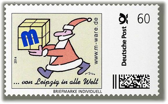 Motiv Weihnachtsmann rot auf hellgrün, 60 Cent, Cartoon-Briefmarken-Serie "... von Leipzig in alle Welt"