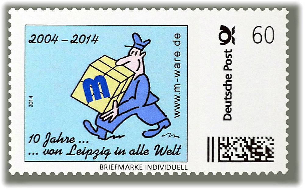 Motiv Briefträger blau 2014, 10 Jahre M-ware® Electronics, 60 Cent, Cartoon-Briefmarken-Serie "... von Leipzig in alle Welt"