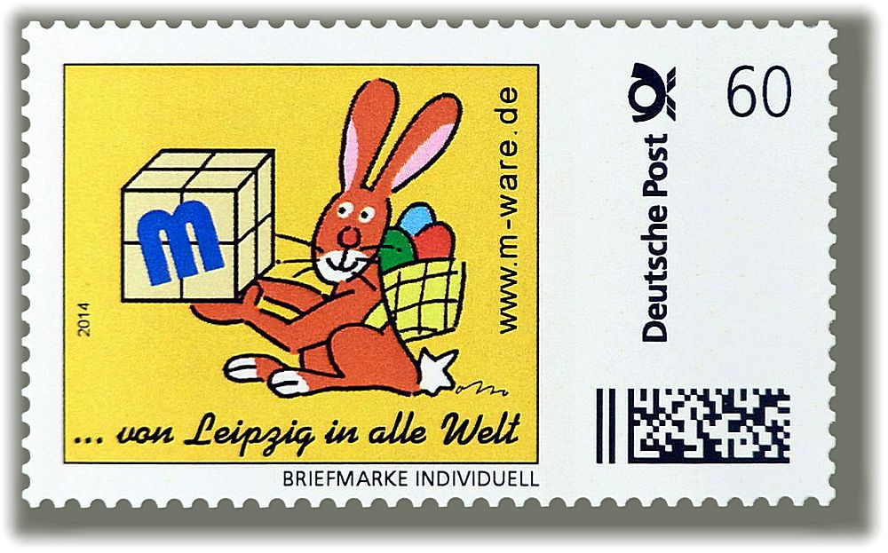 Motiv Osterhase braun auf gelb 2014, 60 Cent, Cartoon-Briefmarken-Serie "... von Leipzig in alle Welt"