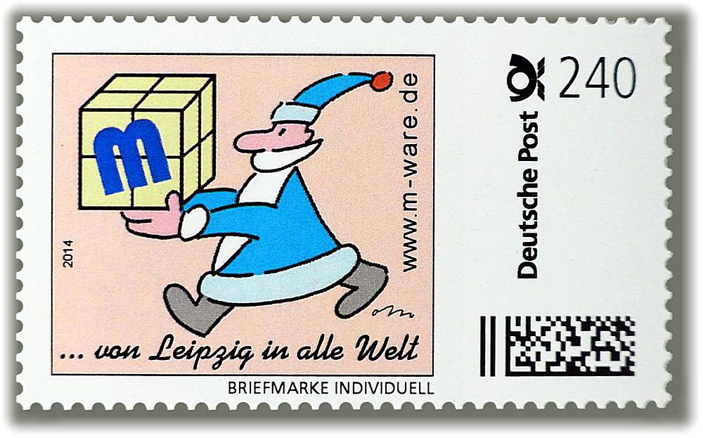 Motiv Weihnachtsmann blau auf hellrot, 240 Cent, Cartoon-Briefmarken-Serie "... von Leipzig in alle Welt"